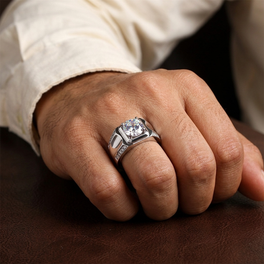 Pyramid Silverish Solitire Clear Zircon Ring | PVD Plated– For Men | Includes: Ring