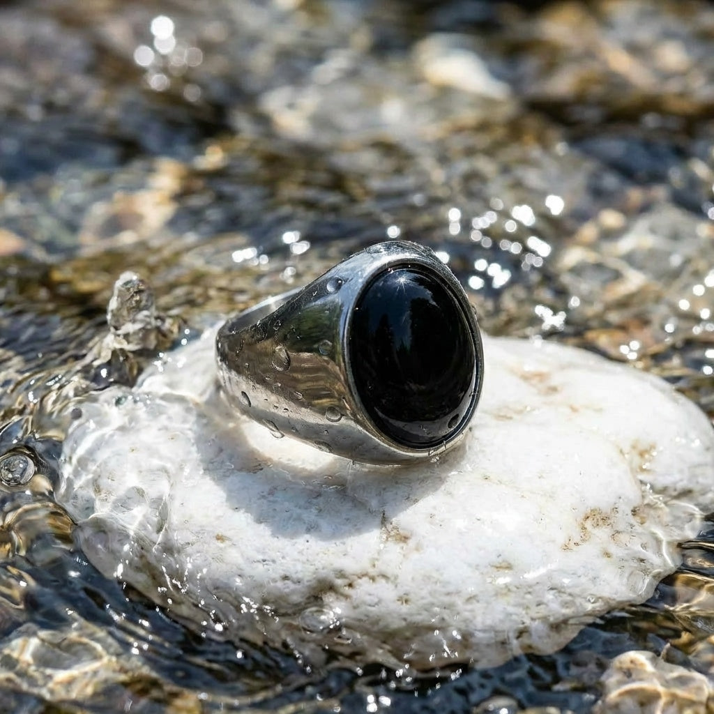 Natural BOLD Black Onyx Stone Golden Titanium Steel Ring | PVD Plated– For Men | Includes: Ring