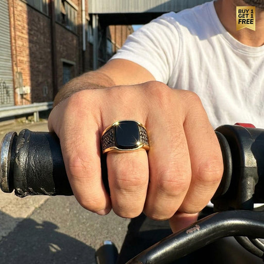POSH Black Zircon Golden Titanium Ring | 18K Real Gold PVD Plated– For Men | Includes: Ring