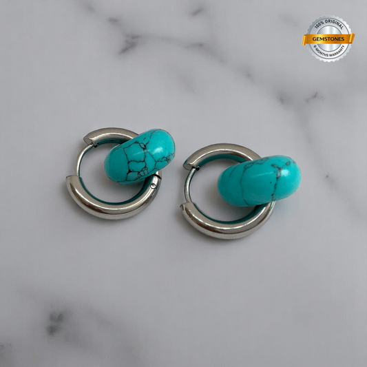 Turquoise Breeze Hoop Earrings | Turquoise Stone & Silver PVD Plated - For Women | Includes: Earrings