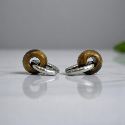 Fierce Elegance Hoop Earrings | Tiger Eye Stone & Silver PVD Plated - For Women | Includes: Earrings