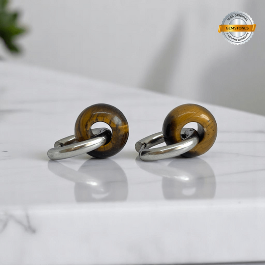 Fierce Elegance Hoop Earrings | Tiger Eye Stone & Silver PVD Plated - For Women | Includes: Earrings