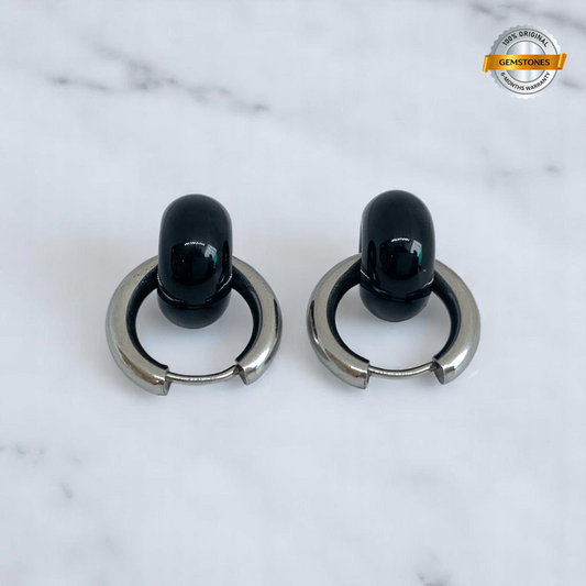 Midnight Loop Hoop Earrings | Onyx Stone & Silver PVD Plated - For Women | Includes: Earrings