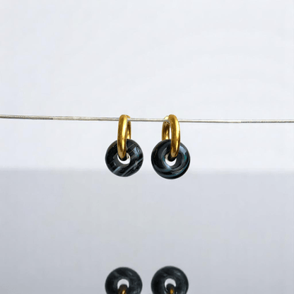 Golden Shadow Hoop Earrings | Onyx Stone & 18K PVD Gold Plated - For Women | Includes: Earrings