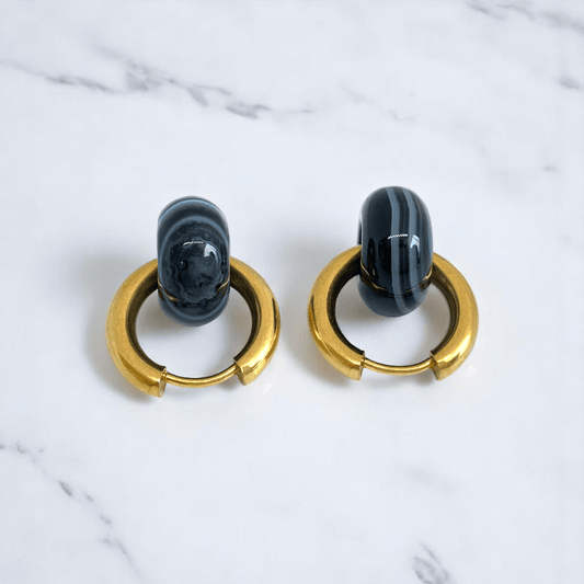 Golden Shadow Hoop Earrings | Onyx Stone & 18K PVD Gold Plated - For Women | Includes: Earrings