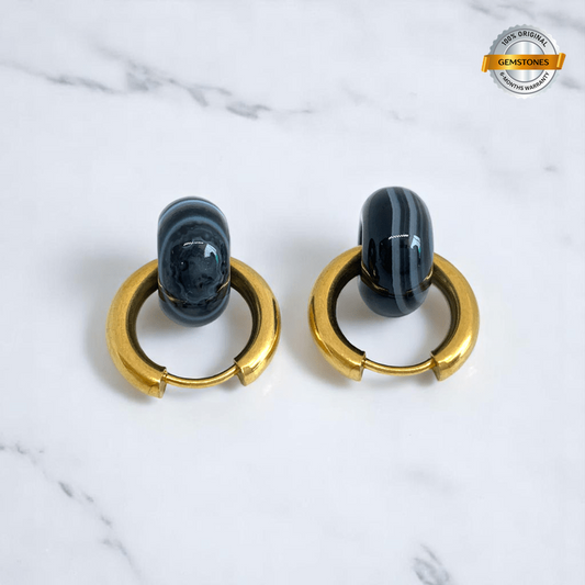 Golden Shadow Hoop Earrings | Onyx Stone & 18K PVD Gold Plated - For Women | Includes: Earrings