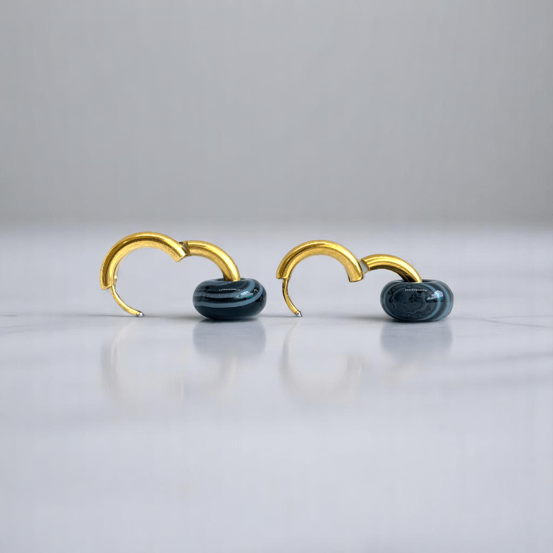 Golden Shadow Hoop Earrings | Onyx Stone & 18K PVD Gold Plated - For Women | Includes: Earrings