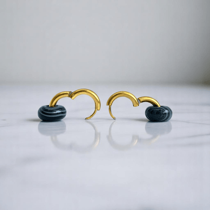 Golden Shadow Hoop Earrings | Onyx Stone & 18K PVD Gold Plated - For Women | Includes: Earrings