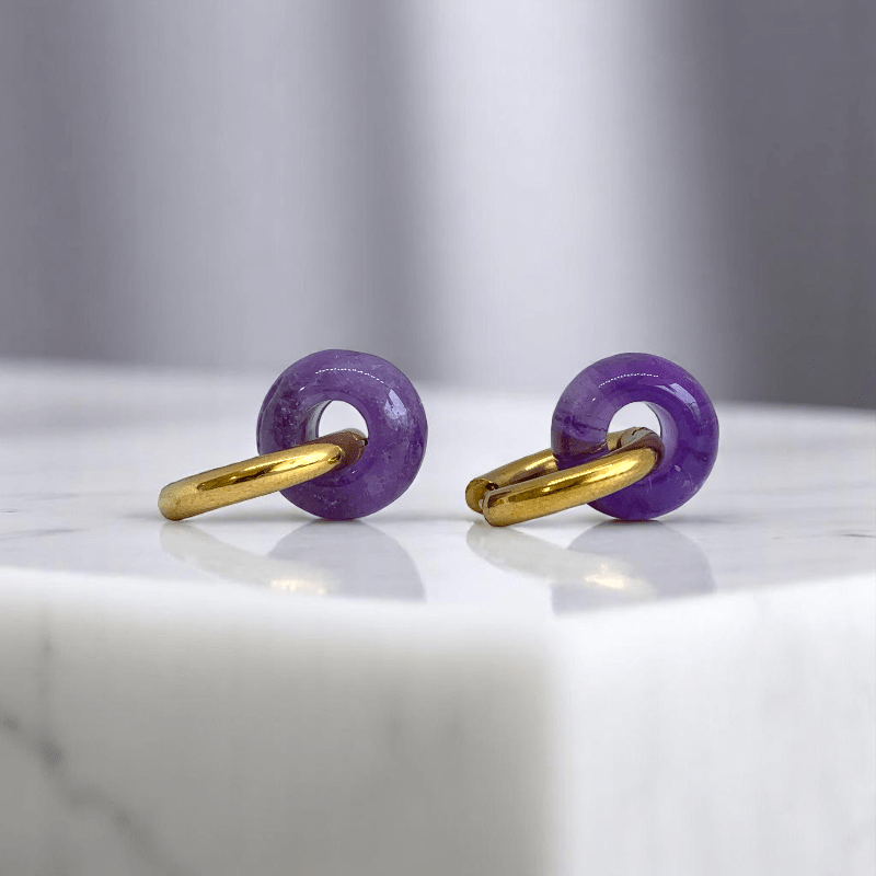 Golden Aura Hoop Earrings | Amethyst Stone & 18K PVD Gold Plated - For Women | Includes: Earrings