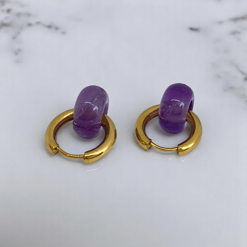 Golden Aura Hoop Earrings | Amethyst Stone & 18K PVD Gold Plated - For Women | Includes: Earrings