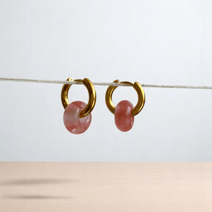 Rosy Bloom Hoop Earrings | Cherry Quartz Stone & 18K PVD Gold Plated - For Women | Includes: Earrings