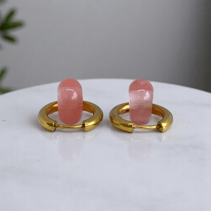 Rosy Bloom Hoop Earrings | Cherry Quartz Stone & 18K PVD Gold Plated - For Women | Includes: Earrings