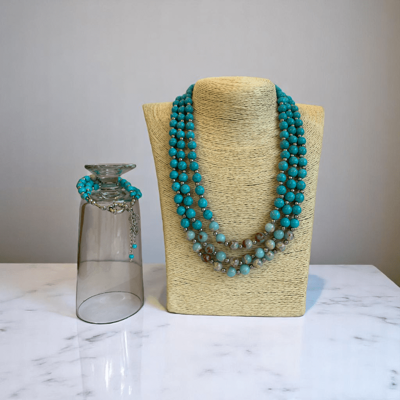 Ocean Essence 3 Layered Set | Turquoise & Aquamarine Stone - For Women | Includes: Necklace, Bracelet