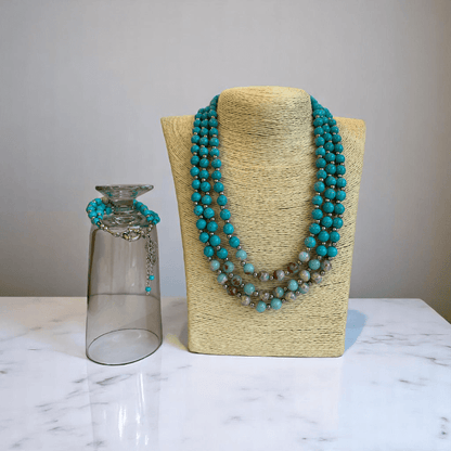 Ocean Essence 3 Layered Set | Turquoise & Aquamarine Stone - For Women | Includes: Necklace, Bracelet