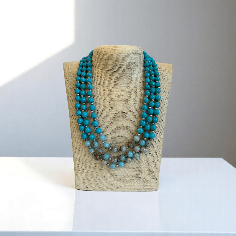 Ocean Essence 3 Layered Set | Turquoise & Aquamarine Stone - For Women | Includes: Necklace, Bracelet