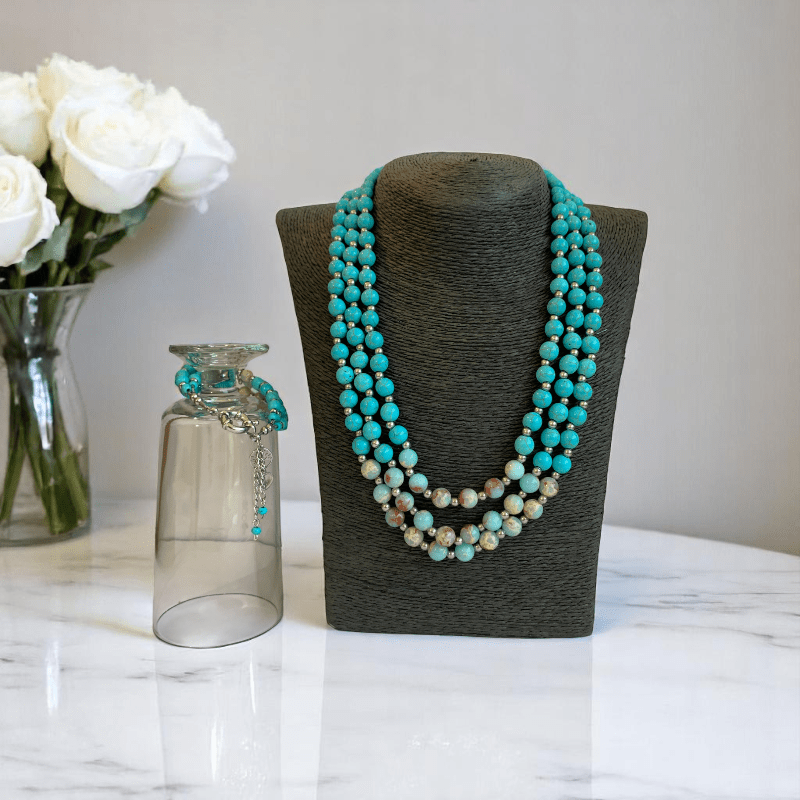 Ocean Essence 3 Layered Set | Turquoise & Aquamarine Stone - For Women | Includes: Necklace, Bracelet