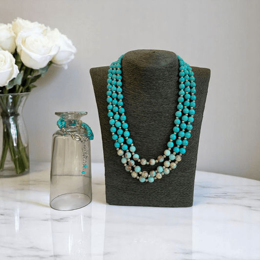 Ocean Essence 3 Layered Set | Turquoise & Aquamarine Stone - For Women | Includes: Necklace, Bracelet