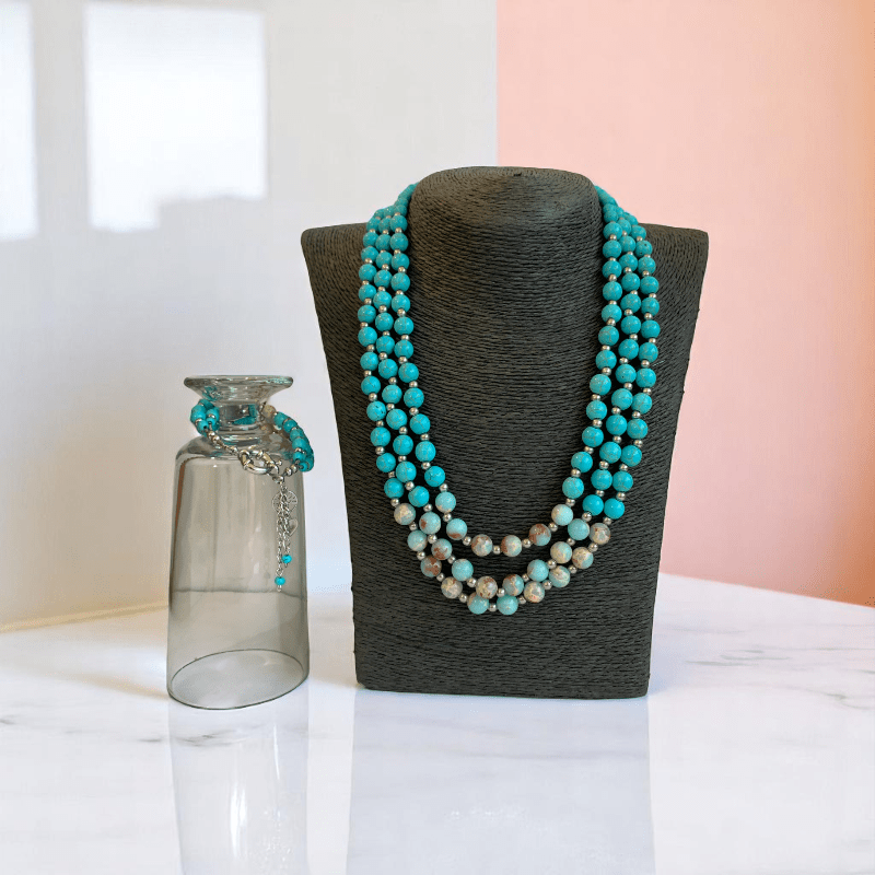 Ocean Essence 3 Layered Set | Turquoise & Aquamarine Stone - For Women | Includes: Necklace, Bracelet