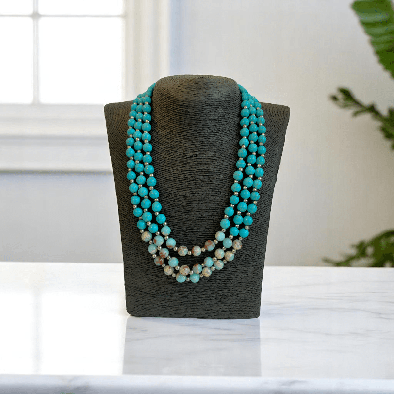 Ocean Essence 3 Layered Set | Turquoise & Aquamarine Stone - For Women | Includes: Necklace, Bracelet
