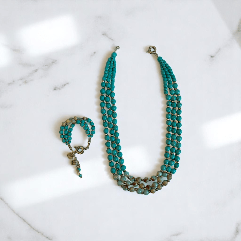 Ocean Essence 3 Layered Set | Turquoise & Aquamarine Stone - For Women | Includes: Necklace, Bracelet