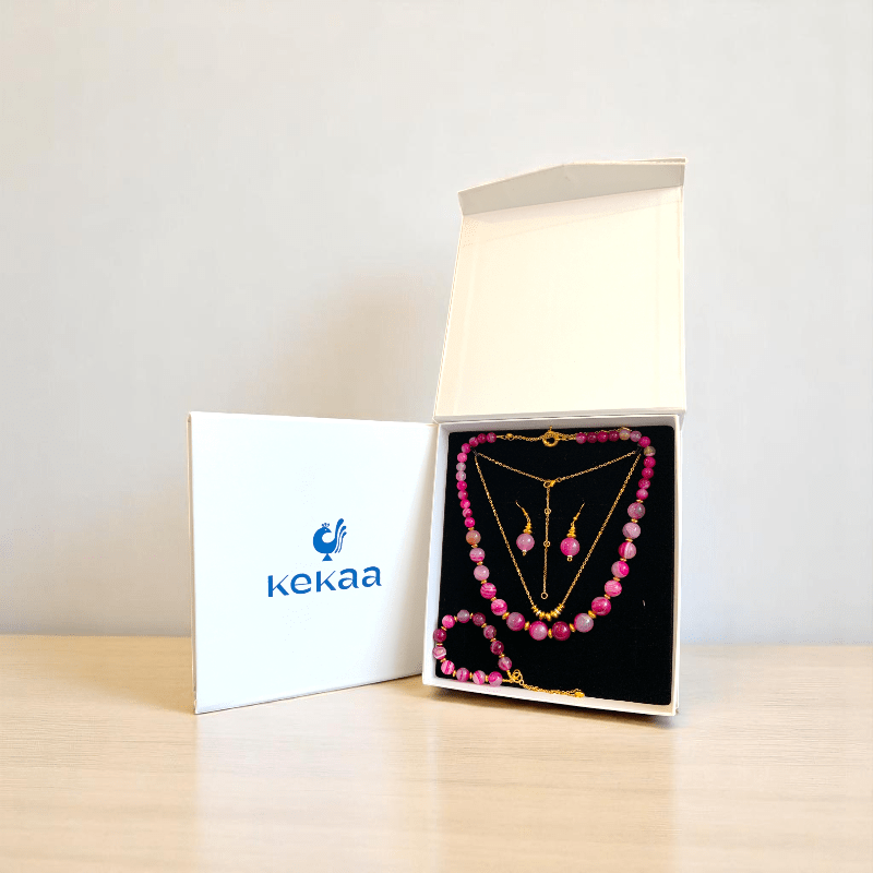 Pink Aura Set | Pink Banded Agate Stone & 18K Gold Plating - For Women | Includes: 2 Necklaces, Bracelet, Earring