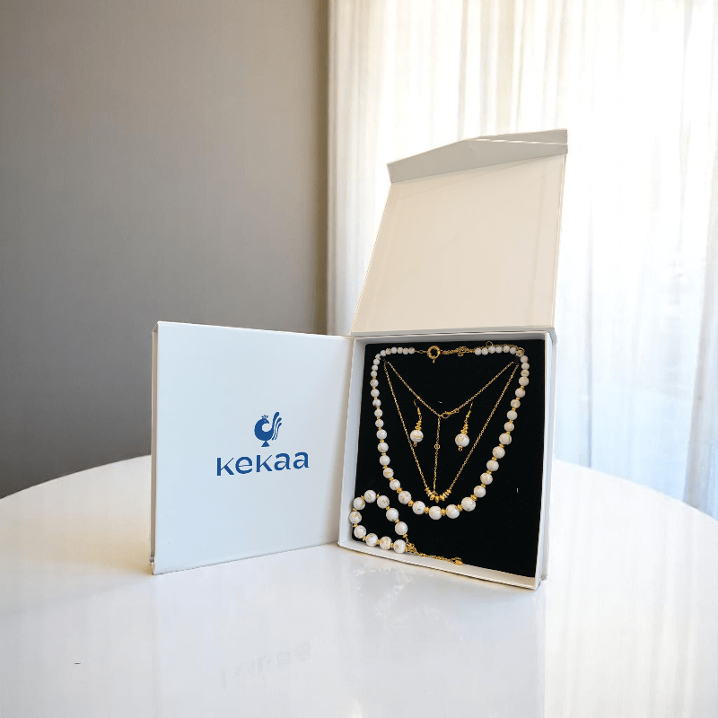 Golden Shell Set | Mother of Pearl Stone & 18K Gold Plating - For Women | Includes: 2 Necklaces, Bracelet, Earring