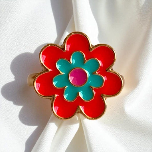 Colorful Flower Ring | Gold Plated Adjustable - For Girls | Includes: Ring