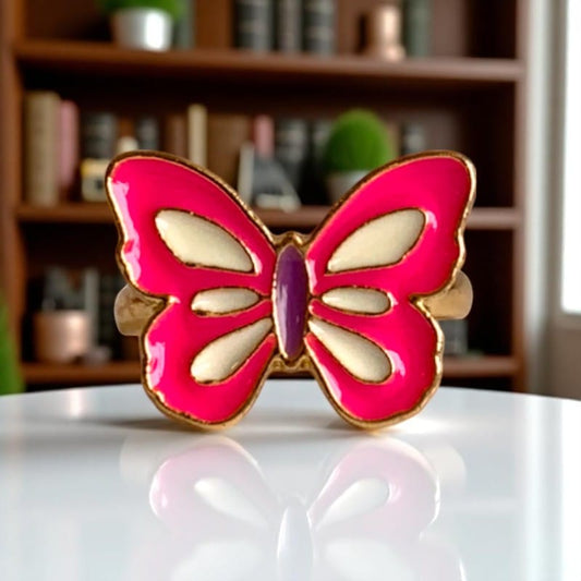 Pink Butterfly Ring | Gold Plated Adjustable - For Girls | Includes: Ring