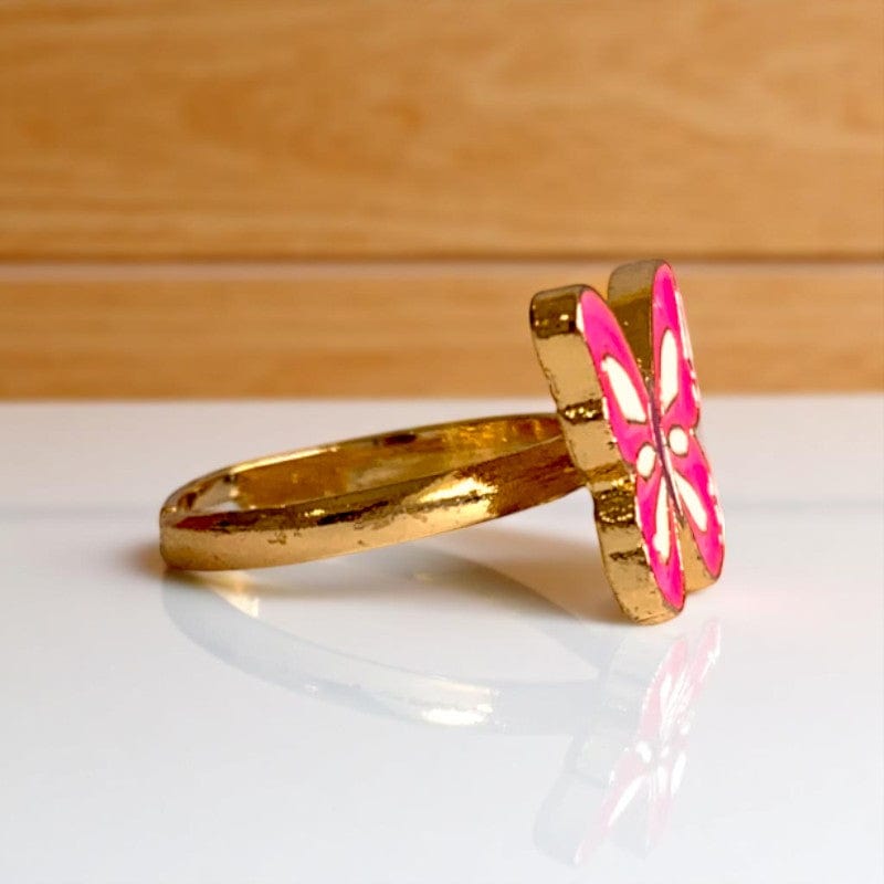 Pink Butterfly Ring | Gold Plated Adjustable - For Girls | Includes: Ring