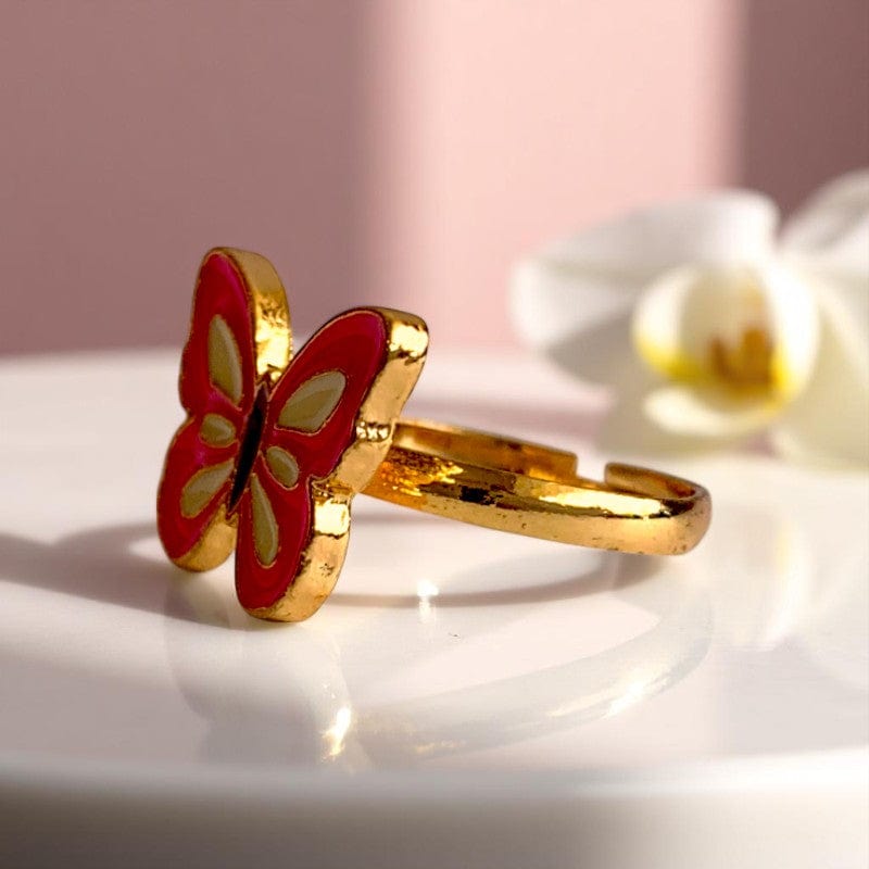 Pink Butterfly Ring | Gold Plated Adjustable - For Girls | Includes: Ring