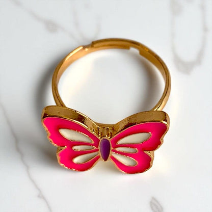 Pink Butterfly Ring | Gold Plated Adjustable - For Girls | Includes: Ring
