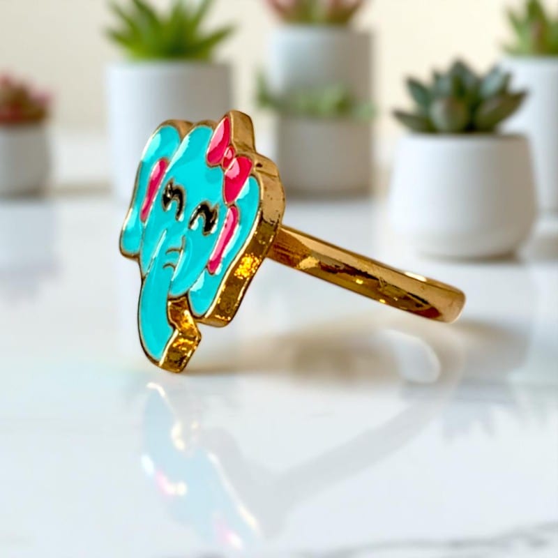 Blue Baby Elephant Ring | Gold Plated Adjustable - For Girls | Includes: Ring