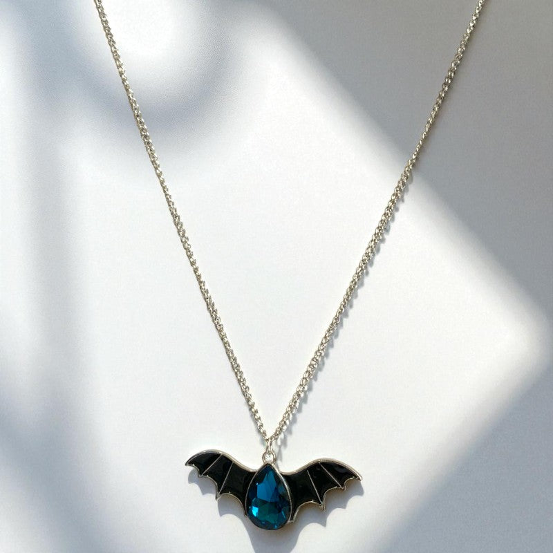 Night Flight Necklace | Silver Bat Pendant with Blue Stone | Unisex