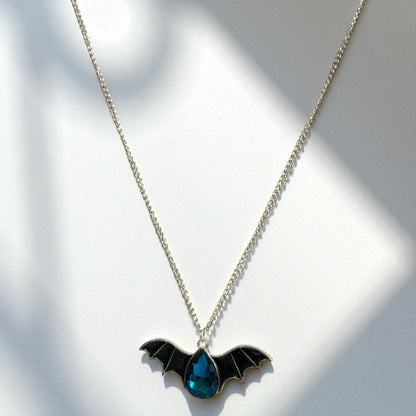 Night Flight Necklace | Silver Bat Pendant with Blue Stone | Unisex