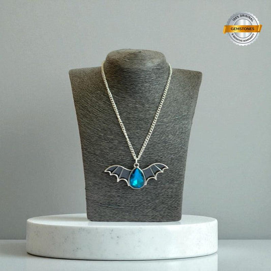 Night Flight Necklace | Silver Bat Pendant with Blue Stone | Unisex