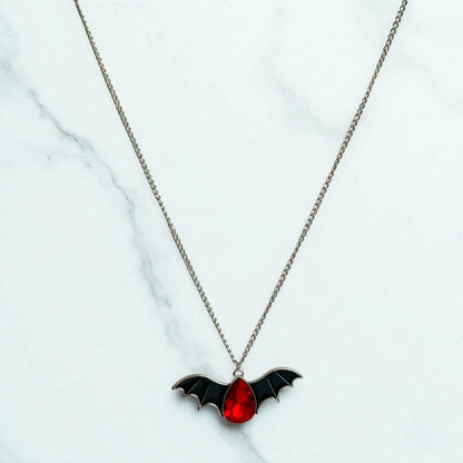 Crimson Wing Necklace | Silver Bat Pendant with Red Stone | Unisex