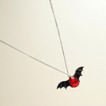 Crimson Wing Necklace | Silver Bat Pendant with Red Stone | Unisex