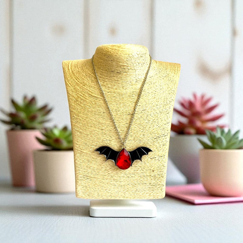 Crimson Wing Necklace | Silver Bat Pendant with Red Stone | Unisex