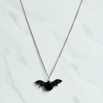Shadow Fang Necklace | Silver Bat Pendant with Black Stone | Unisex