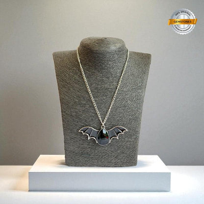 Shadow Fang Necklace | Silver Bat Pendant with Black Stone | Unisex
