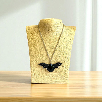 Shadow Fang Necklace | Silver Bat Pendant with Black Stone | Unisex