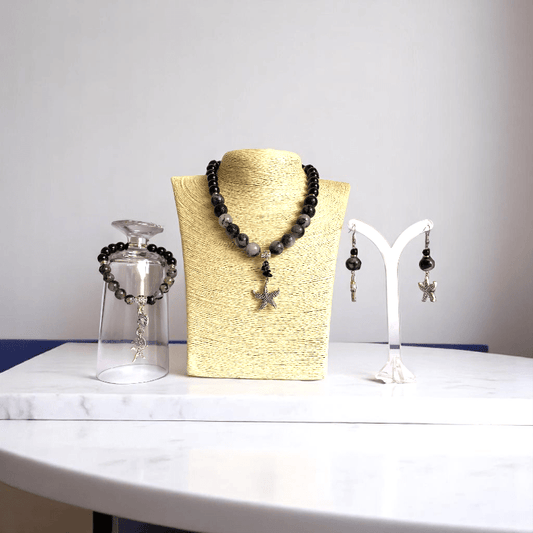 Ocean Mystique Set | Black Obsidian & Black Rutile Stone - For Women | Includes: Necklace, Bracelet, Earrings