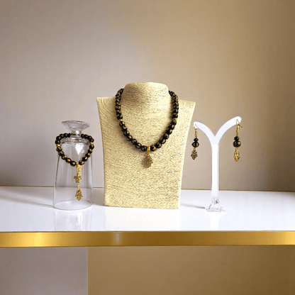 Black Om Mani Hamsa Set | Stainless Steel - For Women | Includes: Necklace, Bracelet, Earrings