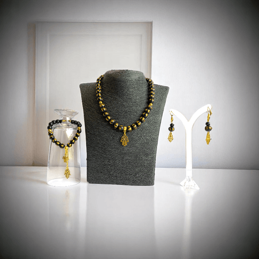 Black Om Mani Hamsa Set | Stainless Steel - For Women | Includes: Necklace, Bracelet, Earrings