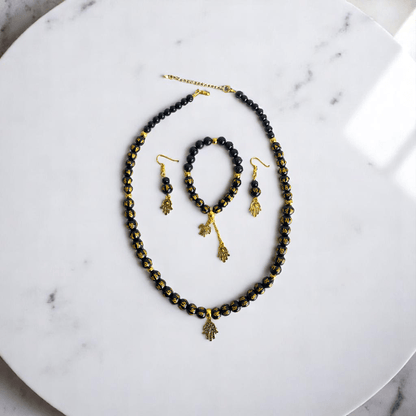 Black Om Mani Hamsa Set | Stainless Steel - For Women | Includes: Necklace, Bracelet, Earrings