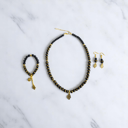 Black Om Mani Hamsa Set | Stainless Steel - For Women | Includes: Necklace, Bracelet, Earrings