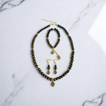 Black Om Mani Hamsa Set | Stainless Steel - For Women | Includes: Necklace, Bracelet, Earrings