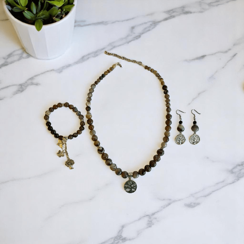 Inner Peace Set | Botswana Stone - For Women | Includes: Necklace, Bracelet, Earring