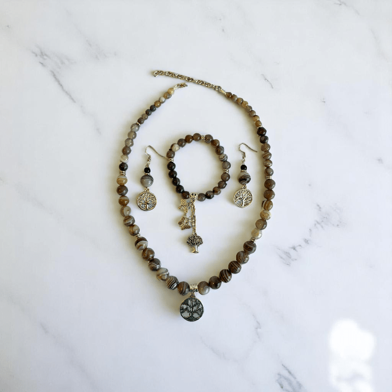 Inner Peace Set | Botswana Stone - For Women | Includes: Necklace, Bracelet, Earring