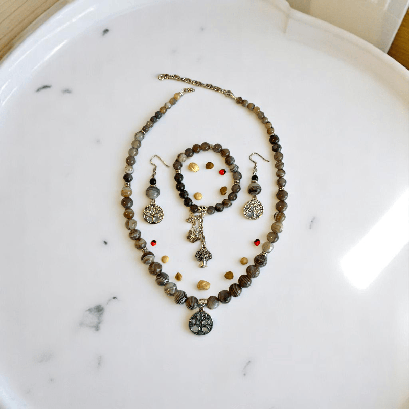 Inner Peace Set | Botswana Stone - For Women | Includes: Necklace, Bracelet, Earring